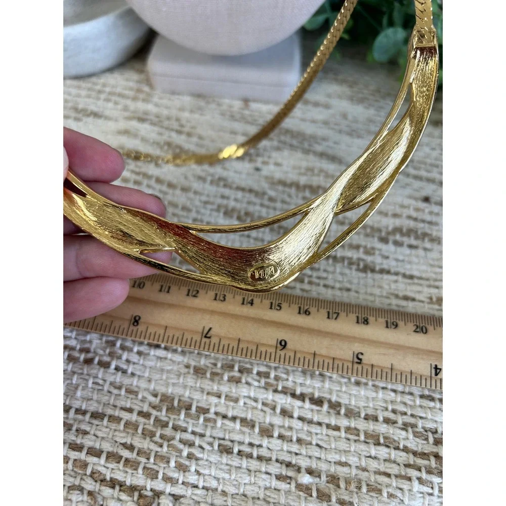 Vintage Napier Gold Tone Black Enamel Modernist Collar Herringbone Necklace